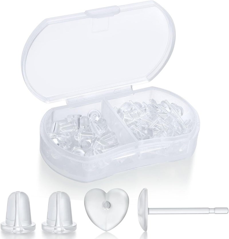 Formulen Clear Earrings Backs Post for Sports and Work, Heart Shape Plastic Earring Posts for Sensitive Ears with 10 PCS Silicone Earring Backs - Image 1